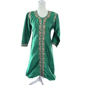 Vintage Green Embroidered Tunic Dress Ethnic Boho Floral 3/4 Sleeve M/L